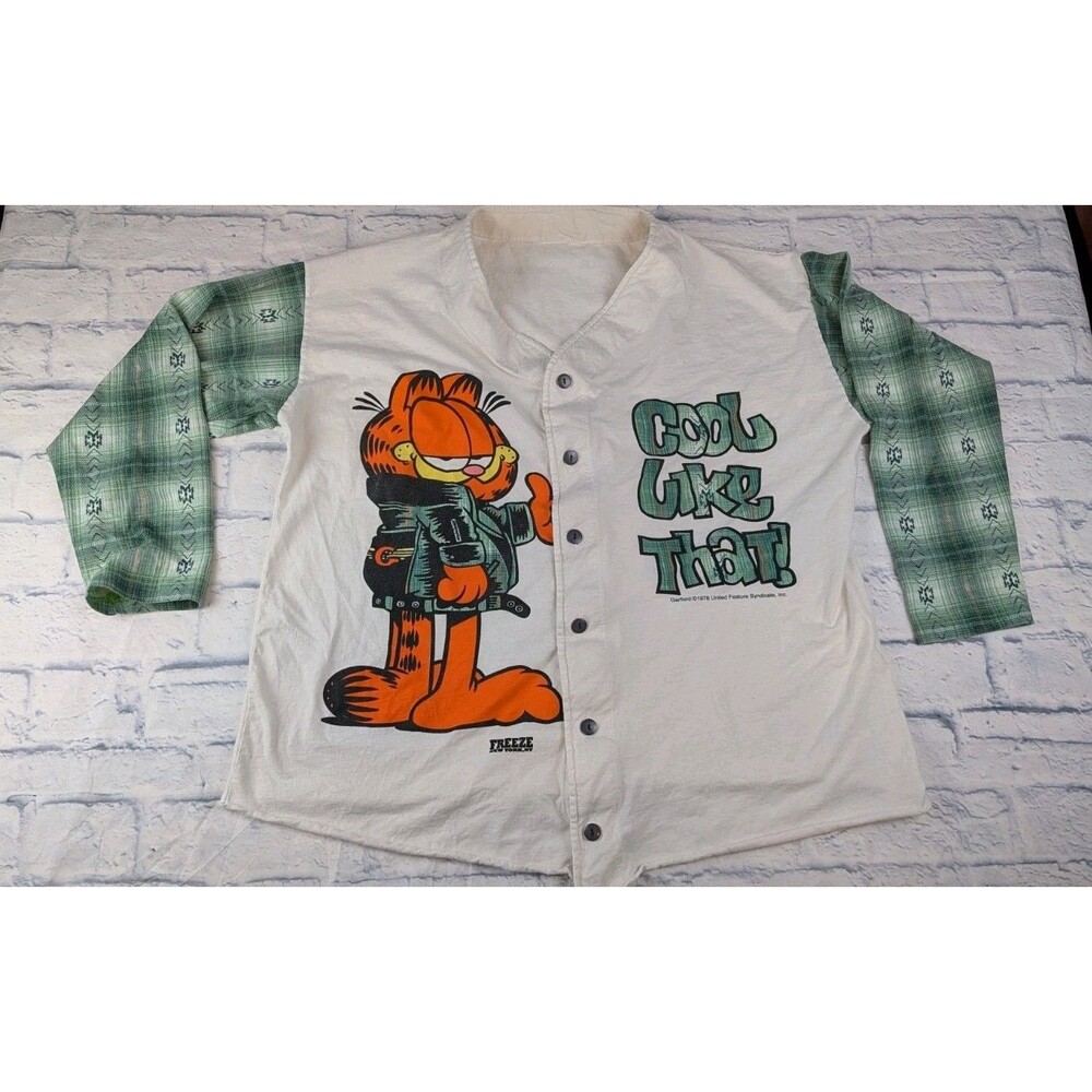 Vintage Garfield Vintage Button Up Plaid Shirt Sz 2XL 90s Style Baseball Jersey